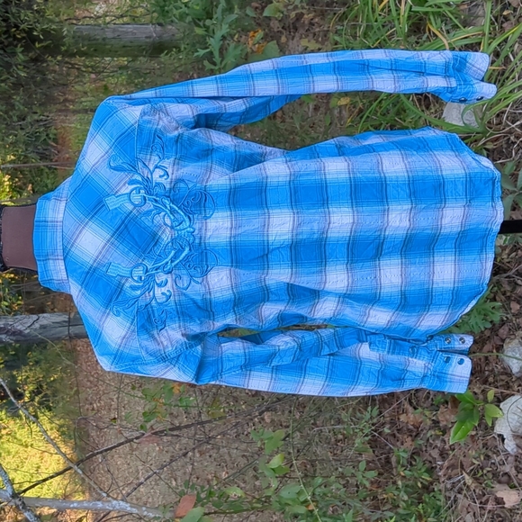 Cowgirl Hardware Arena Shirt Turquoise/White Plaid w/ Embroidered Yoke Snap Butt - Picture 8 of 14